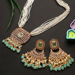 STEORRA JEWELS Gold Plated Light Green Kundan Stone White Beads Long Necklace Jewellery Set Light Green