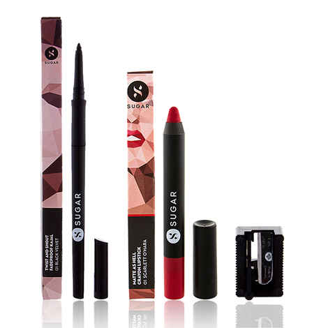 Buy SUGAR Cosmetics Twist And Shout Fadeproof Kajal + Matte As Hell Crayon Lipstick - 01 Scarlett O'Hara (Red) Value Set - Purplle