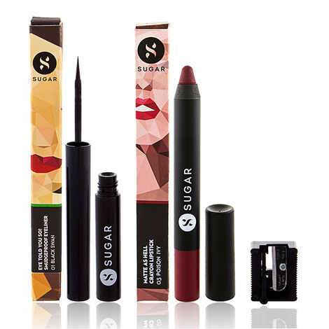 Buy SUGAR Cosmetics Eye Told You So! Smudgeproof Eyeliner + Matte As Hell Crayon Lipstick - 03 Poison Ivy (Wine) Value Set - Purplle