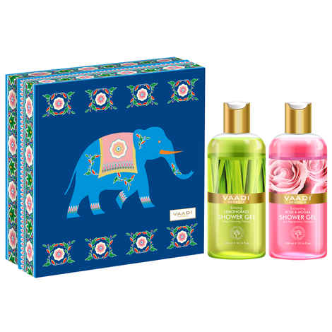 Vaadi Herbals Enduring Fragrance Shower Gel Gift Box - Enticing Lemongrass (300 ml) & Enchanting Rose & Mogra (300 ml) (Royal Elephant)( 300 ml x 2 )
