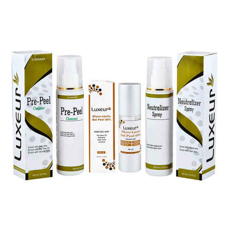 Buy Luxeur Glyco-Lactic Gel Peel 60% Kit Pre-Peel Cleanser & Nautralizer Spray (230 ml) - Purplle