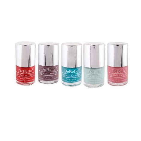 Buy DeBelle Gel Nail Polish Combo Set of 5 - French Affair (Red), Majestique Mauve (Mauve), Royale Cocktail (Turquoise Blue), Mint Amour (Mint Blue), Bebe Kiss (Hot Pink)- 8ml Each - Purplle