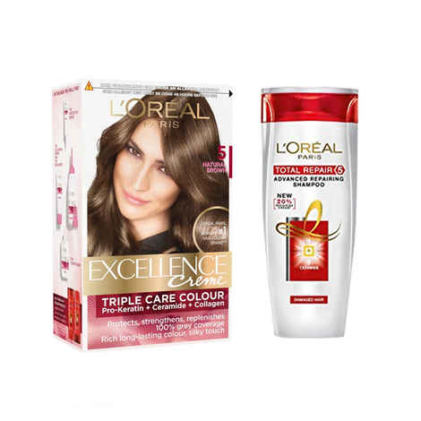 Buy L'Oreal Paris Excellence Creme Natural Brown 5 & Get Free L'oreal L'Oreal Paris Total Repair shampoo 5 (175 ml) - Purplle