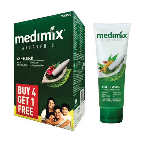 Buy Medimix Classic Ayurvedic 18 Herbs Soap (125 g) (4+1 Offer Pack) + Face Wash (100 ml) - Purplle