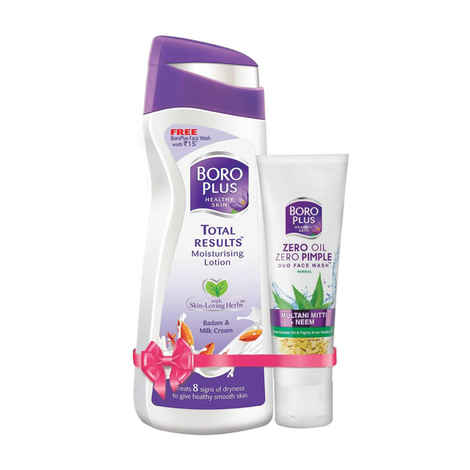 Buy Boroplus Total Results Moisturising Lotion Badam & Milk Cream (100 ml) + Boroplus Zero Oil Zero Pimple Duo Face Wash 15ml Free - Purplle