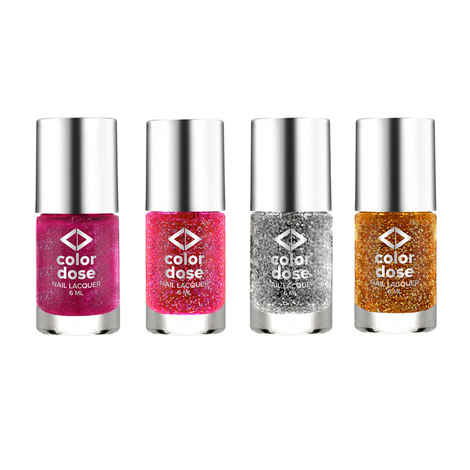 Buy Color Dose Nail Polish Pack Of 4: Sparkle Pink, Glitter Moon, Glitter Pink, Glitter Gold (24 ml) - Purplle