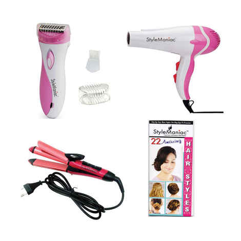 Buy Style Maniac Combo Of 2 In 1 Hair Straightener Cum Curler , Hot And Cold Dual Function Hair Dryer And Epilator(Ak-2002) And Get A Hairstyle Book Free - Purplle