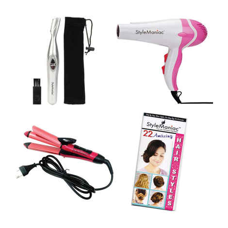 Buy Style Maniac Combo Of 2 In 1 Hair Straightener Cum Curler , Hot And Cold Dual Function Hair Dryer And Painless Eyebrow Hair Remover And Get A Hairstyle Book Free - Purplle