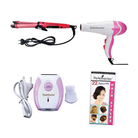 Buy Style Maniac Combo Of Professional 2 In 1 Hair Straightener Cum Curler , Hot And Cold Dual Function Hair Dryer And Epilator(Ak-2001) And Get A Hairstyle Book Free - Purplle