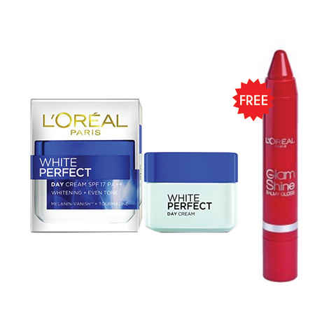 Buy L'Oreal Paris White Perfect Day Cream ( 50 g) + FREE L'Oreal L'Oreal Paris Glamshine Lip Crayon Pomegranate Punch Worth Rs.500 - Purplle