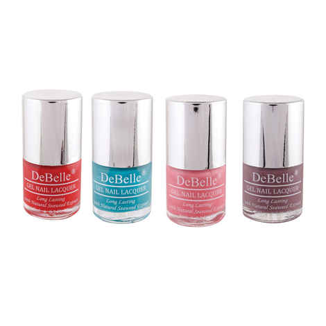DeBelle Gel Nail Polish Combo Set of 4 - French Affair (Bright Red), Royale Cocktail (Turquoise Blue), Miss Bliss (Shimmer Pink), Majestique Mauve (Mauve) - 8ml Each