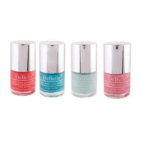 Buy DeBelle Gel Nail Polish Combo Set of 4 - Princess Belle (Coral Orange), Royale Cocktail (Turquoise Blue), Mint Amour (Mint Blue), Miss Bliss (Shimmer Pink) - 8ml Each - Purplle