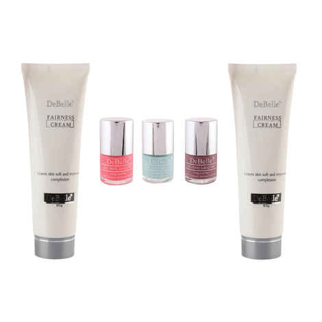 DeBelle Beauty Kit of Fairness Cream (80 g) Combo Pack Of 2 & DeBelle Nail Polish Combo Kit Of 3 (Baby Kiss, Majestique Mauve and Mint Amour)