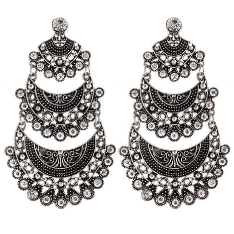 Buy Crunchy Fashion "The Tribal Muse" Collection Boho Style Carved Flower Oxidised Silver Earrings - Purplle