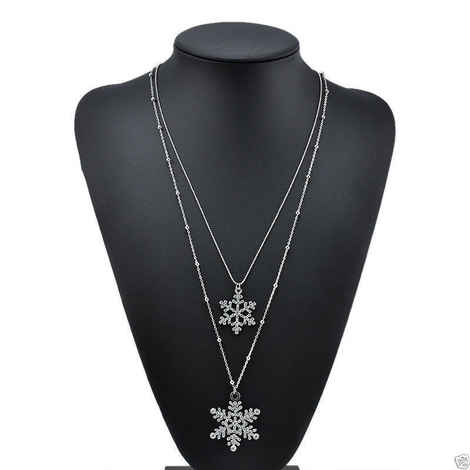 Lishmark Cute Women Double Crystal Snowflake Flower Necklace Sweater Chain Necklace Gift