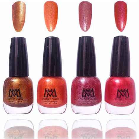 Makeup Mania Premium Nail Polish - Combo of 4 Fine Zari Nail Paint - Dark Brown, Orange, Pink, Red, 12 ml each bottle (MM#12)