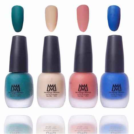 Makeup Mania Premium Nail Polish, Combo of 4 Velvet Matte Nail Paint - Green, Blue, Nude, Peach, 12 ml each bottle (MM#21)