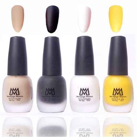 Makeup Mania Premium Nail Polish, Combo of 4 Velvet Matte Nail Paint - Nude, Black, White, Yellow, 12 ml each bottle (MM#22)