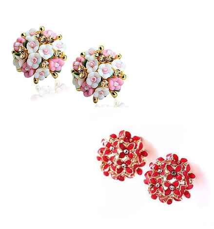 Buy Crunchy Fashion Pink And Red Floral Stud Earrings Combo - Purplle