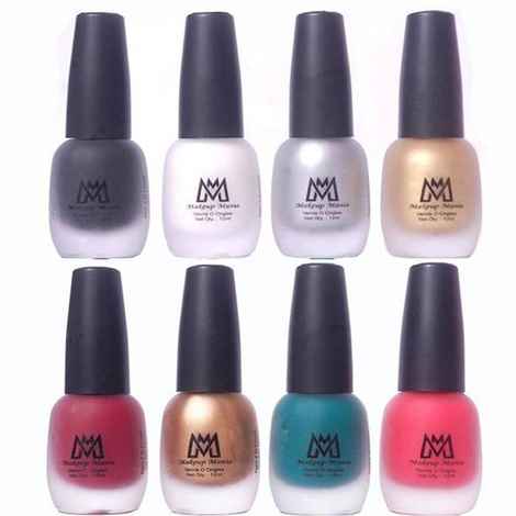 Makeup Mania Premium Nail Polish - Combo of 8 Velvet Matte Nail Paint - Black, White, Silver, Golden, Deep Red, Green, Peach - 12 ml each bottle (MM# 15-17)