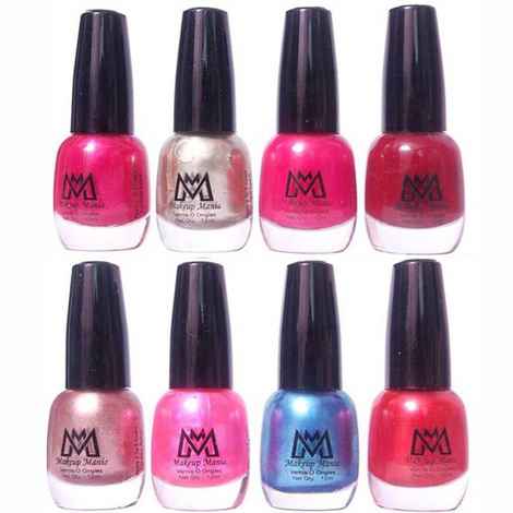 Makeup Mania Premium Nail Polish - Combo of 8 Trendy Nail Paint Set- Pearl Silver, Shiny Pink Blue Red - 12 ml each bottle (MM# 25-32)