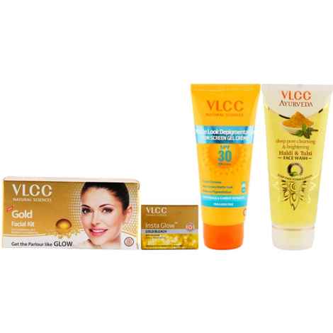 VLCC Gold Facial Kit & Haldi Tulsi FW & Insta Glow Gold Bleach & Sun Screen Gel Combo (240 g)