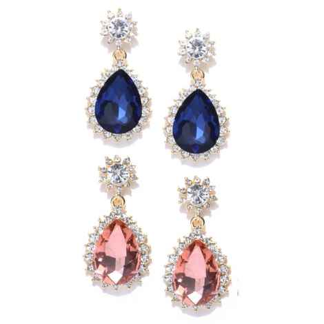 Buy Crunchy Fashion Golden Plated Blue & Pink Stone Drop Earring Combo - Purplle