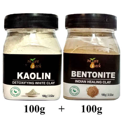NatureSack's Skin Detox Clays Combo (Pack of 2) Kaolin Clay 100g + Bentonite Clay 100g. For Face Masks, Acne, Blackheads, Pigmentation, Skin Repair, Vitalizing & Renewal Of Skin