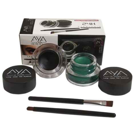 AYA Long Wear Gel Eyeliner Smudge Proof & Waterproof (Black And Green) With 2 Expert Eyeliner Brushes
