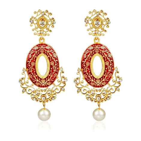 Buy Royal Bling Red Gold-Plated Meenakari-Work Stone-Studded Oval Drop Earrings - Purplle
