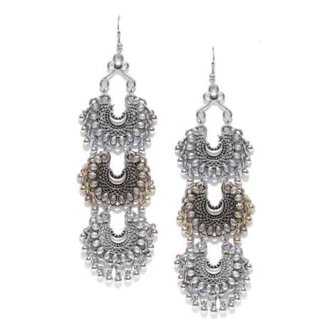 Buy Crunchy Fashion Oxidised Silver & Antique Gold-Toned Crescent Shaped Drop Earrings - Purplle