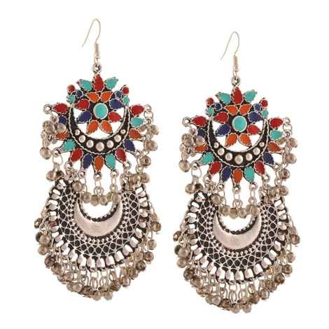 Buy Crunchy Fashion Oxidised Silver Multicoloured Afghan Dangler Earrings - Purplle