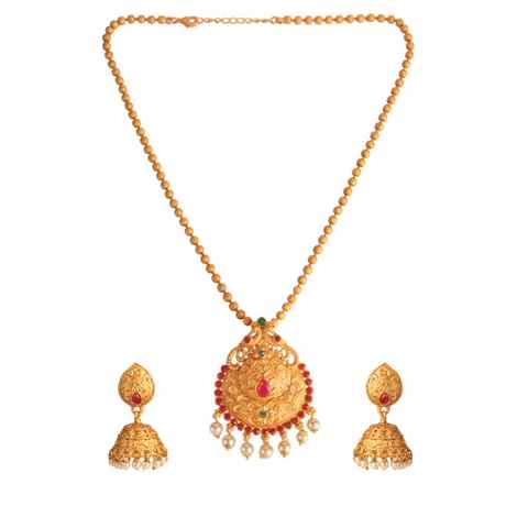 Kord Store Party Wear Gold & Multicolor Stone Traditional Jewellery Necklace Set With Earrings For Women Girls KSNKE60007