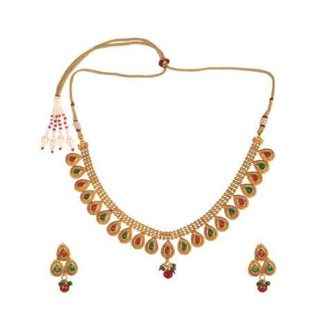 Kord Store Party Wear Gold & Multicolor Stone Traditional Jewellery Necklace Set With Earrings For Women Girls KSNKE60014