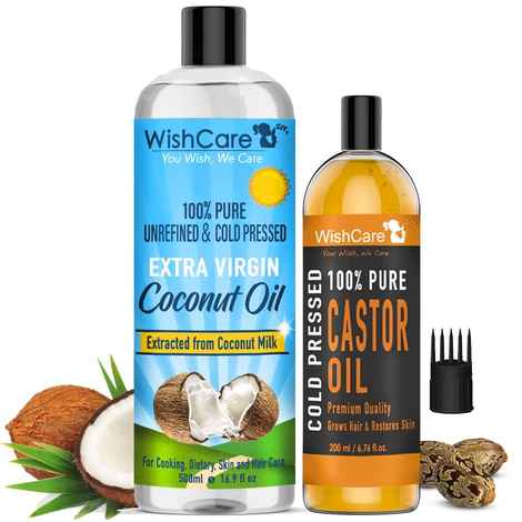 WishCare Premium Cold Pressed Extra-Virgin Coconut Oil (500 ml) & Castor Oil (200 ml)