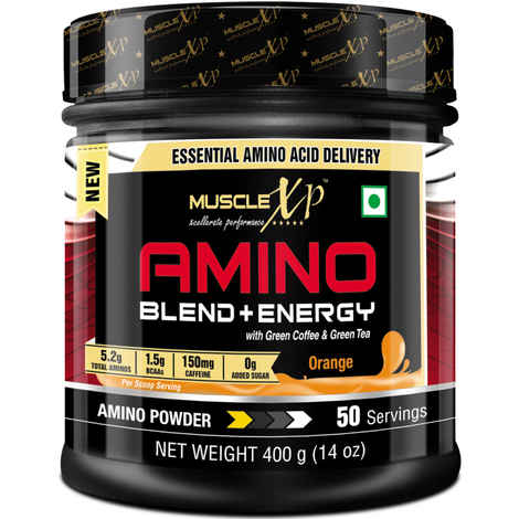 MuscleXP Amino Blend and Energy Powder, Orange, 400g, 50 Servings - Pre Workout, Intra Workout, Energy Blend with Green Coffee, Green Tea