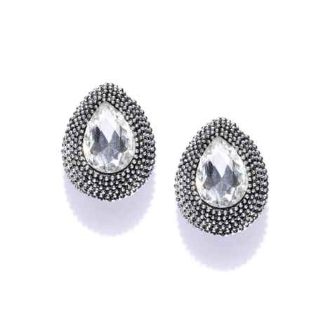 Buy Crunchy Fashion Oxidised Silver-White Crystal Teardrop Studs - Purplle
