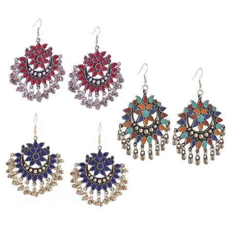 Buy Crunchy Fashion Oxidised Silver Multi-colour Afghan Earrings Combo - Purplle