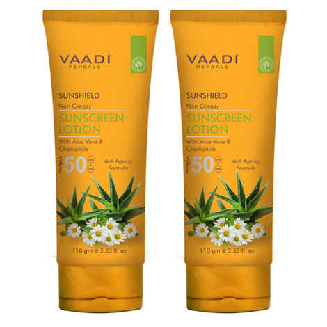 Vaadi Herbals Value Pack of 2 Sunscreen Lotion SPF-50 with Aloe Vera & Chamomile (110 ml x 2)
