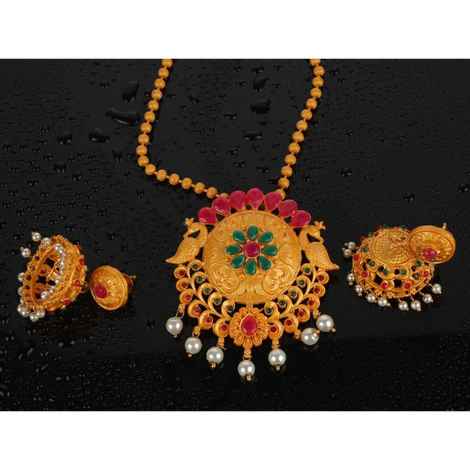 Kord Store Jewellery Set - Special Design American Diamond Engraved Golden Necklace with a Pair of Beautiful Earrings KSNKE60145