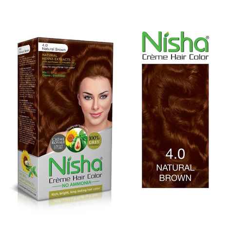 Nisha Cream Permanent hair color superior quality with sunflower & avocado oil NO AMMONIA Cream FORMULA Rich, bright, long lasting & smooth care for your precious hair! (60 GM + 60 ML + 18 ML) NATURAL BROWN 4.0