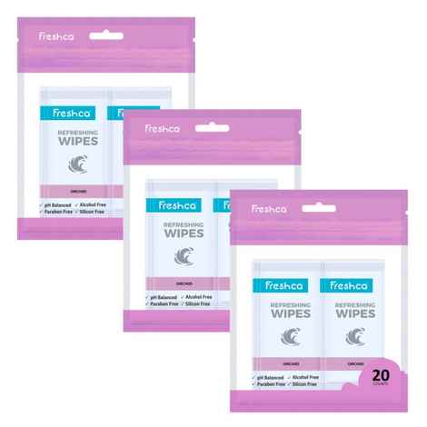 Freshca Refreshing Wet Wipes Single Sachet Men Women Hand Face Orchid Fragrance pH Balanced Alcohol Paraben Silicon Free 20 Pcs (Pack of 3)