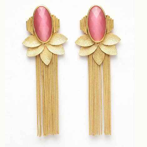 Buy Ferosh Dhriya Pink Leafy Golden Tassel Drop Earrings - Purplle