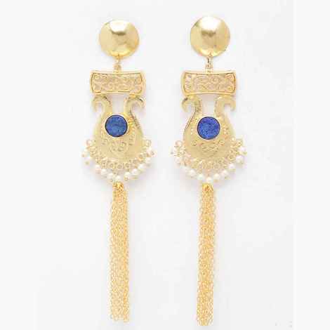 Buy Ferosh Vamika Royal Blue Stone Golden Pearl Tassel Earrings - Purplle