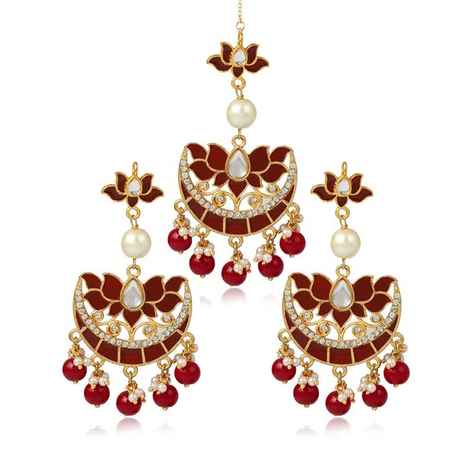Buy Karatcart GoldPlated Fashion Red Meena Dangler Stylish Fancy Party Wear Earrings With Maang-Tikka For Women - Purplle