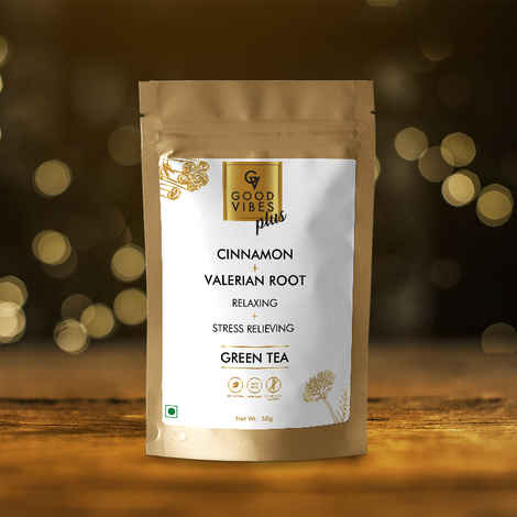 Buy Good Vibes Plus Relaxing + Stress Relieving Green Tea - Cinnamon + Valerian Root (50 gm) - Purplle