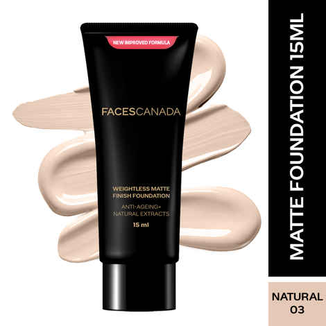 Buy FACES CANADA Weightless Matte Finish Foundation - Natural, 18 ml | Lightweight Natural Finish | Anti-Ageing | Enriched With Olive Seed Oil, Grape Extract, Shea Butter - Purplle