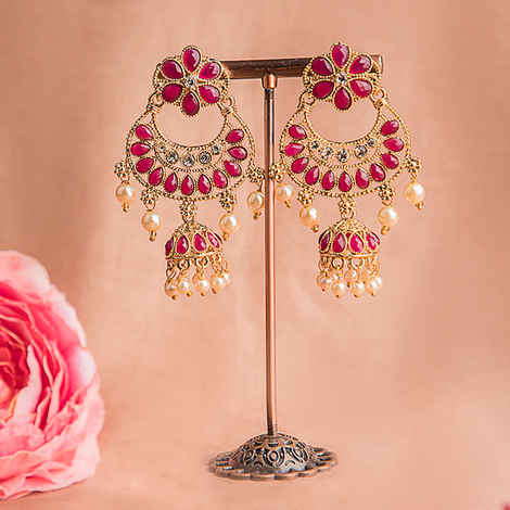 Buy Queen Be Traditional Ruby Red Stones & Pearls Chandbalis - EV19050 - Purplle