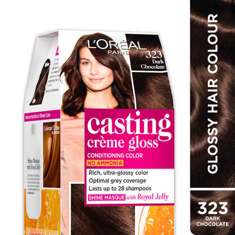 Buy L'Oreal Paris Casting Creme Gloss Hair Color With Glycolic Gloss Complex | Shade 323 - Dark Chocolate | 60ml + 40ml + 60g - Purplle