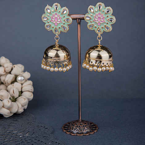 Buy Queen Be Enamel Flower Jhumkis, Mint Green - Purplle